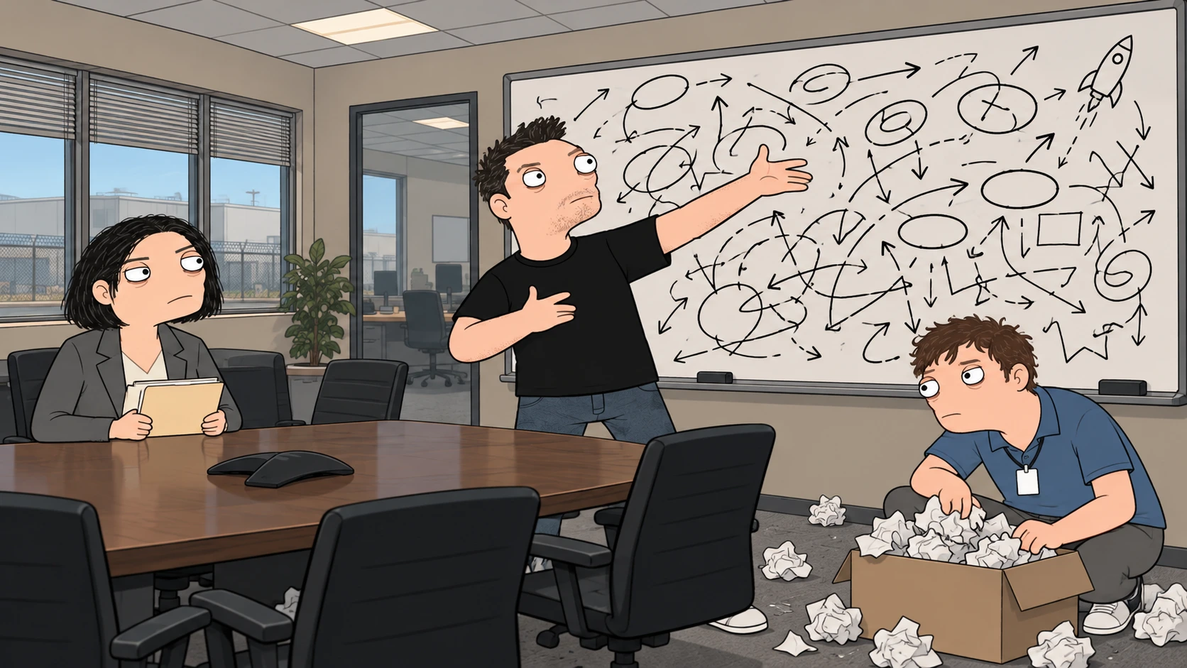 Elun presents a tangled maze of arrows while Mara watches and Cal collects discarded business plans