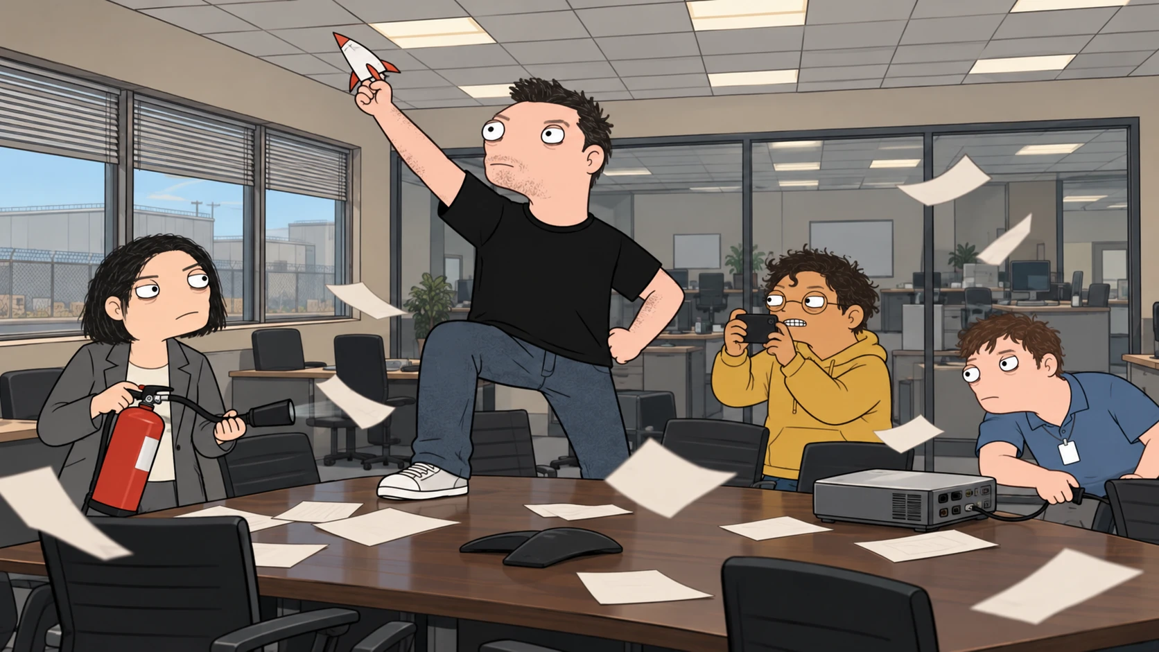 Elun turns a conference table into a paper-rocket launchpad while Mara, Cal and Jules deal with the consequences