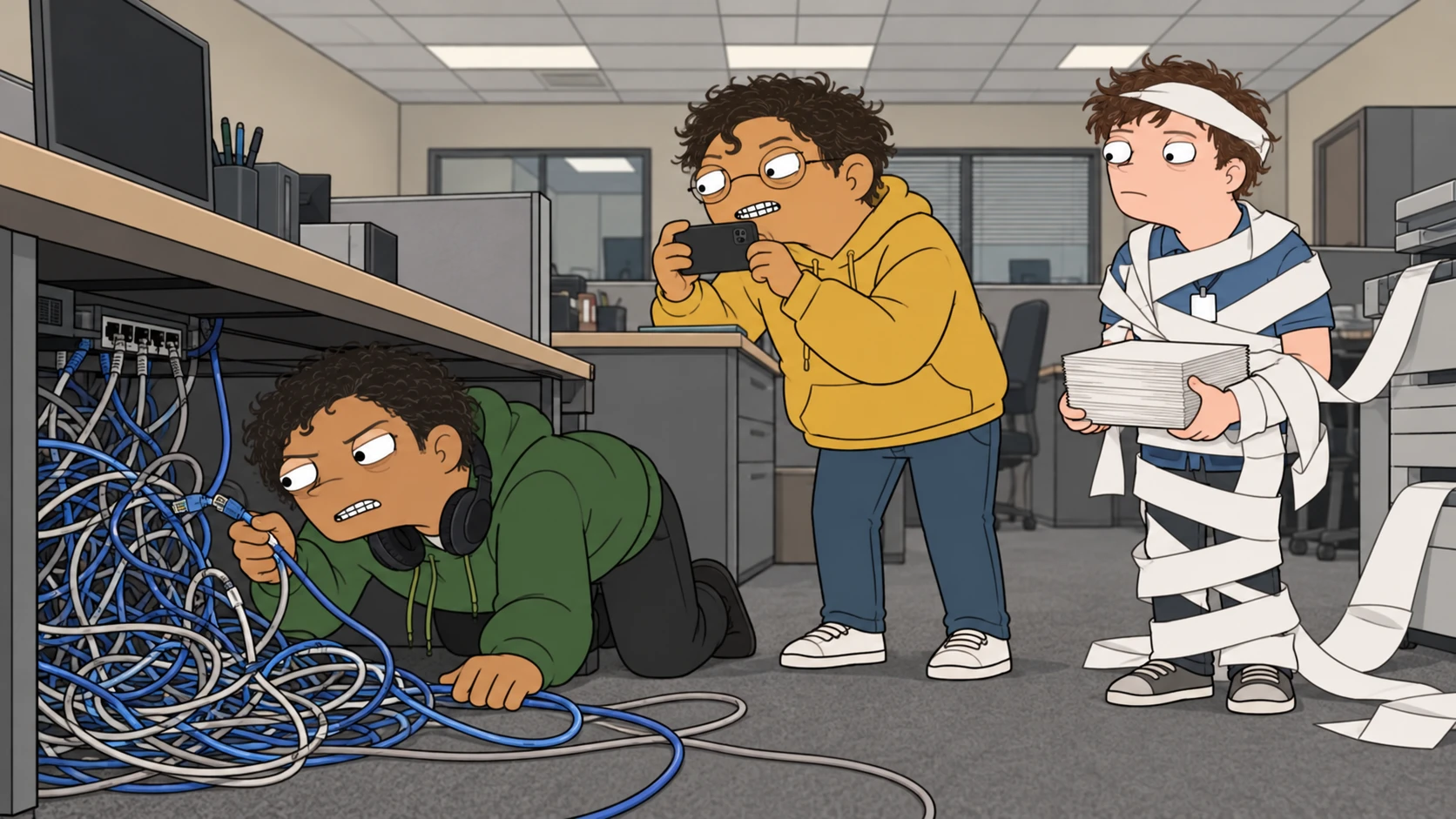 Rafi untangles cables while Jules films and Cal is caught in printer paper