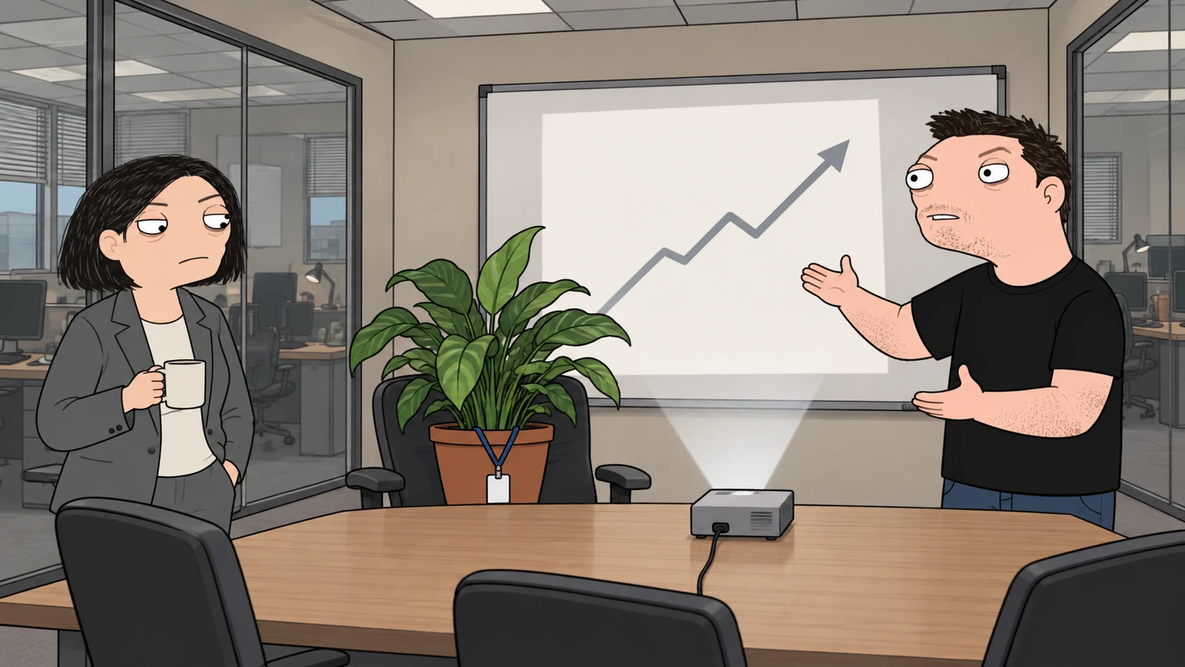 The office plant in a swivel chair, receiving a presentation from Elun as Mara looks on